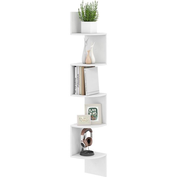 Costway Scaffale Angolare Sospeso A 5 Livelli, Libreria Galleggiante, Scaffale Galleggiante, Organizzatore Di Spazi In Legno, Espositore, 20X20X126Cm, Bianco-image
