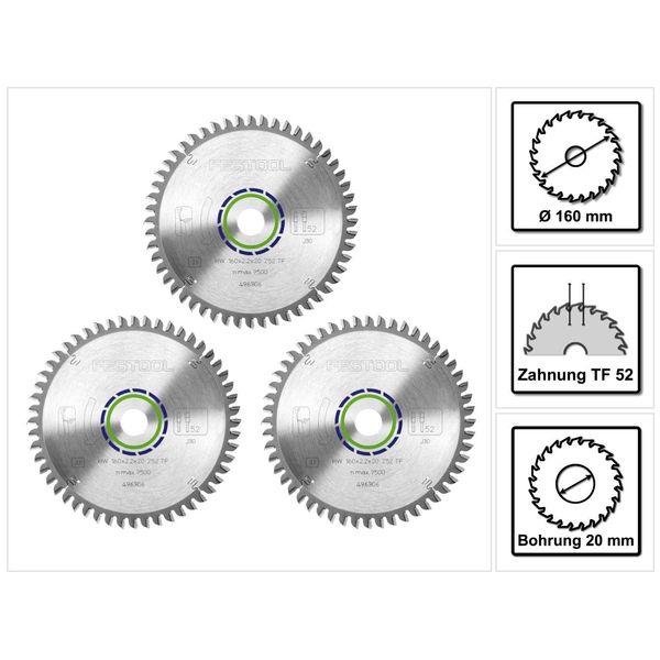 Set Di Lame Circolari Speciali Festool 3X Hw 160 X 20 X 2,2 Mm TF52 ( 3X 496306 ) 160 Mm 52 Denti-image
