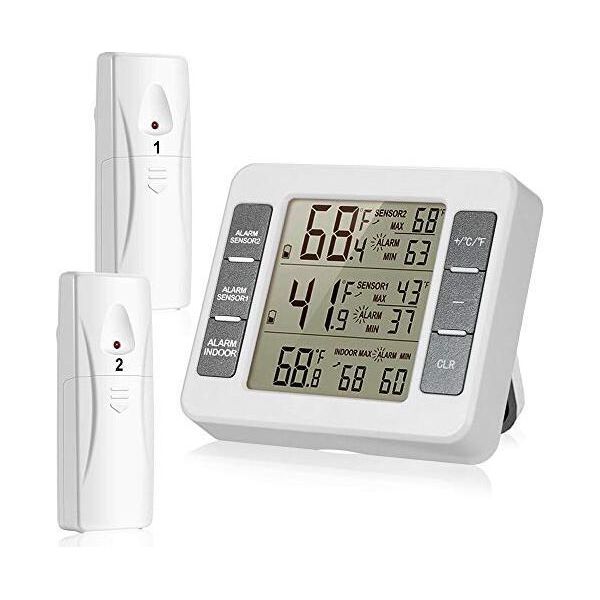 Suplong Termometro Senza Fili Sensore Di Temperatura Digitale Frigorifero Impermeabile 2 Display Lcd Di Facile Lettura (Bianco-3)-image