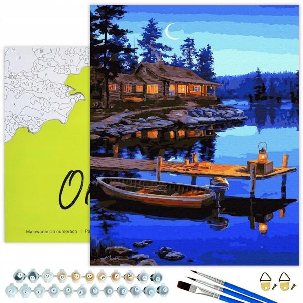 Oh Art! Pittura Numerica Per Adulti E Bambini Paesaggio - Casa Sul Lago 40X50 Cm Con Cornice In Legno, 26 Colori Acrilici E 3 Pennelli - Set Di Pittura Fai Da Te-image