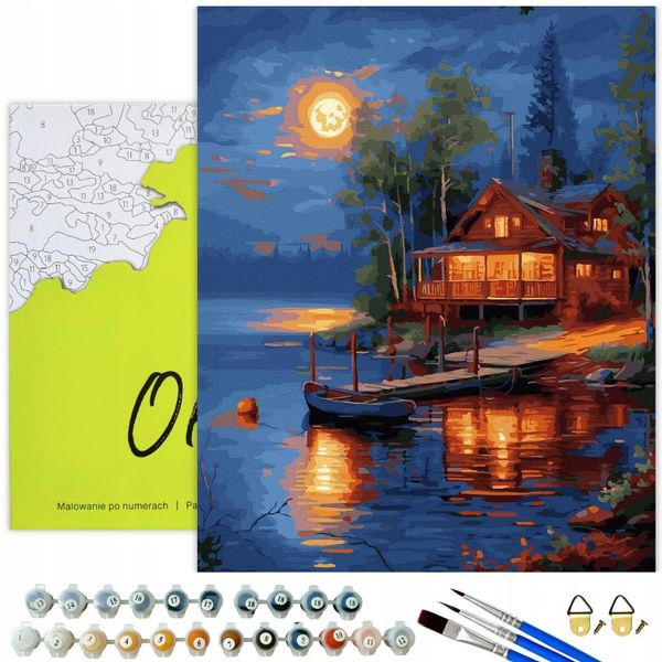 Oh Art! Pittura Con I Numeri Per Adulti Bambini 40X50 Cm - Paesaggio Casa Sul Lago Notte Al Chiaro Di Luna - Set Fai Da Te Con Cornice, 29 Colori Acrilici E 3 Pennelli-image