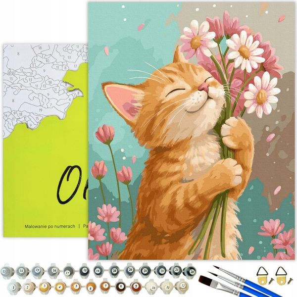 Oh Art! Pittura Numerica Per Adulti E Bambini Animali - Gattino Con Fiori - 40X50 Cm Tela Con Telaio, 32 Colori Acrilici, Pennelli E Accessori-image