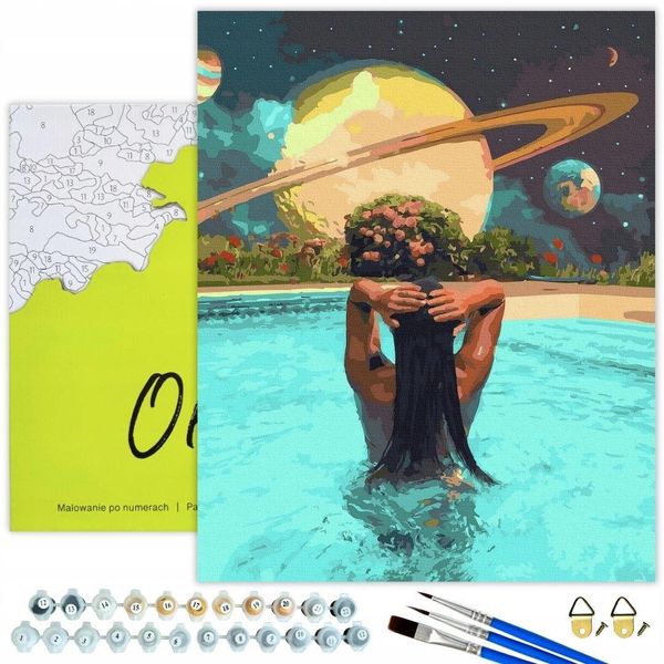 Oh Art! Pittura Numerica Per Adulti 40X50 Cm - Donna In Piscina Con Saturno - Set Fai Da Te: Tela Con Telaio, 30 Colori Acrilici, 3 Pennelli E Accessori-image