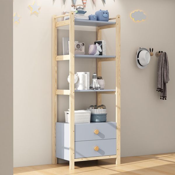 Libreria In Piedi Mearx, Effetto Legno, Con 2 Cassetti, 4 Livelli, Maniglia In Legno, 70×44×180Cm, Naturale/Blu-image