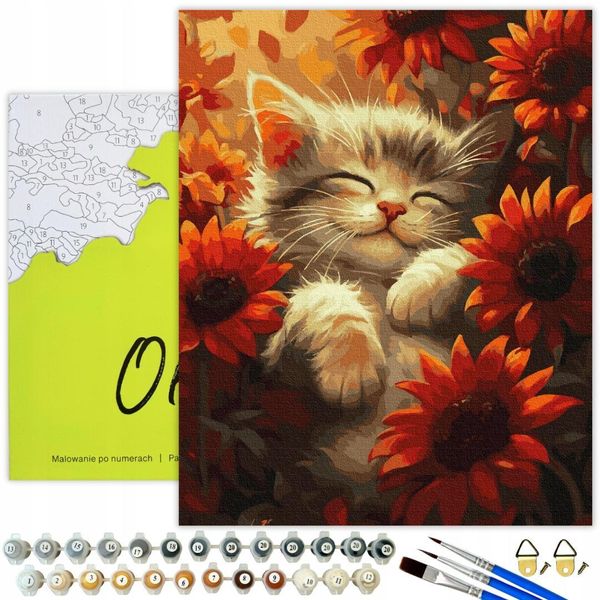 Oh Art! Gatto Che Dipinge Con I Numeri 40X50 Cm - Set Per Bambini E Adulti Tela Con Telaio In Legno, Colori Acrilici, 3 Pennelli E Accessori Set Creativo Fai Da Te-image