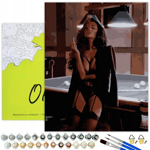 Oh Art! Pittura Con I Numeri Per Adulti Donna Al Tavolo Da Biliardo 40X50Cm Set Completo Tela Con Telaio In Legno, Colori Acrilici, 3 Pennelli E Accessori Regalo-image