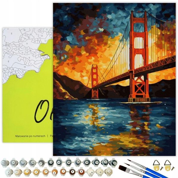 Oh Art! Pittura Per Numeri Città Adulti E Bambini - Golden Gate Bridge San Francisco 40 X 50 Cm Set Con Cornice Colori Acrilici, 3 Pennelli E Accessori-image