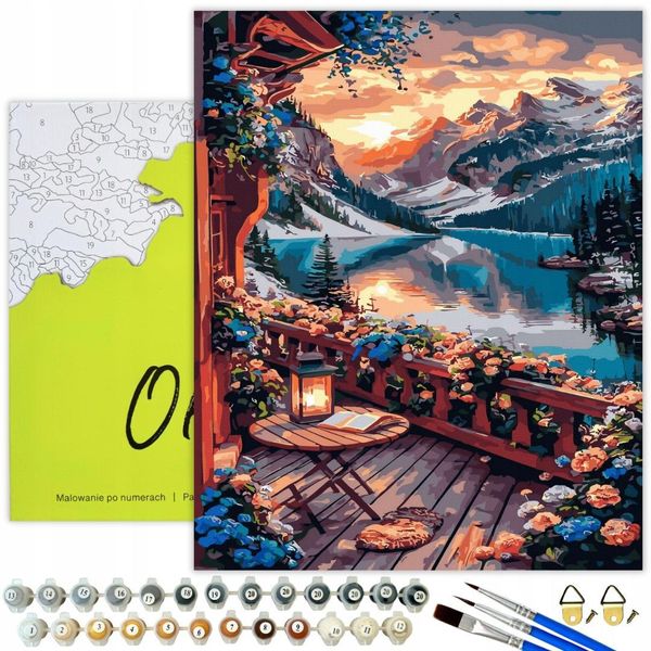 Oh Art! Set Pittura Per Numeri 40X50 Cm - Paesaggio - Montagne Lago Tramonto Terrazza Fiori - 30 Colori Acrilici, 3 Pennelli, Tela Con Telaio In Legno-image