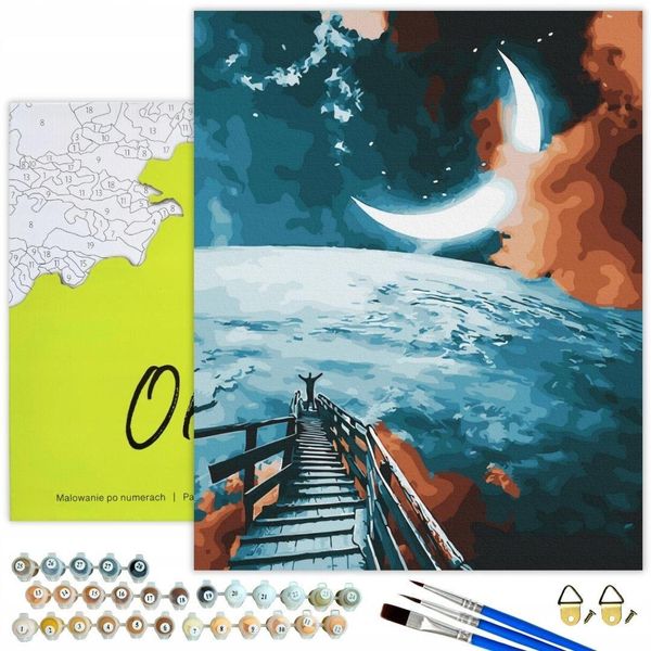 Oh Art! Dipingere Con I Numeri Adulti E Bambini - Luna E Paesaggio 40X50 Cm - Set Creativo Con Cornice In Legno, 30 Colori Acrilici, 3 Pennelli E Accessori-image