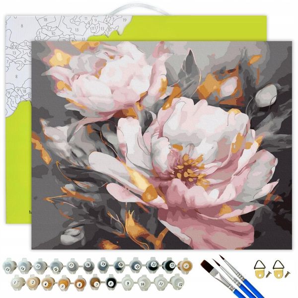 Oh Art! Dipingi Con I Numeri Fiori Per Adulti Peonie 40X50 Cm Set Fai Da Te: Colori Acrilici Incl. Vernice Dorata, 3 Pennelli, Tela Con Telaio In Legno E Accessori-image