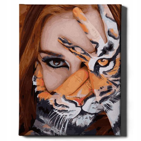 Oh Art! Pittura Con I Numeri Per Adulti Bambini Donna Con Tigre 40 X 50 Cm - Tela Con Telaio, Colori Acrilici, 3 Pennelli E Accessori - Regalo-image
