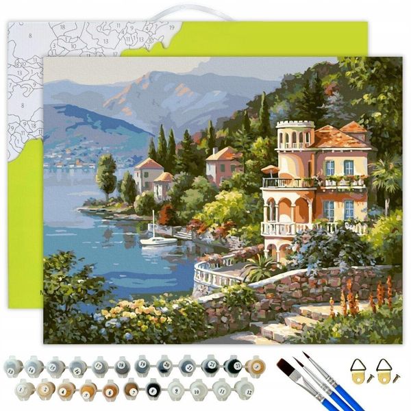 Oh Art! Pittura Per Numeri Adulti Paesaggio 40X50 - Italia Case Sul Lago - Set Fai Da Te Su Tela Con Telaio, 28 Colori Acrilici, 3 Pennelli E Accessori-image