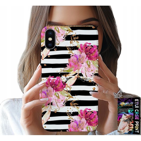Custodia Per Iphone X / Xs - Floreale Con Motivo A Righe Bianche E Nere-image