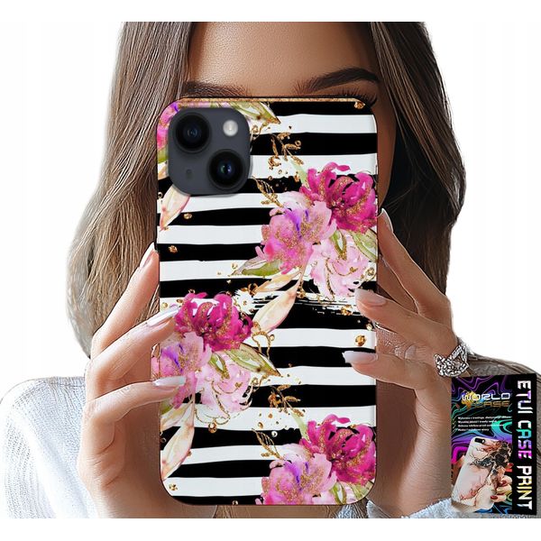 Custodia Per Iphone 15 - Motivo Floreale A Strisce Bianche E Nere-image