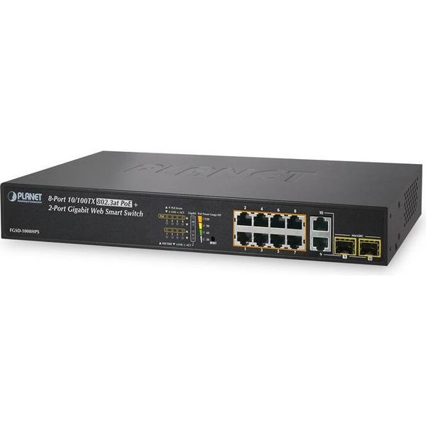 Planet FGSD-1008HPS Planet Combo Managed Web Smart Ethernet Switch 8 Porte 10/100TX 802.3At High Power Poe 2 Porte Gigabit Tp/Sfp, 220W-image