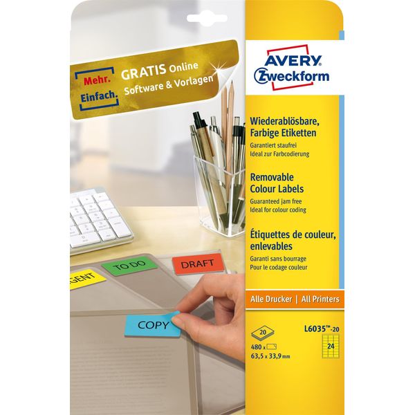Etichette Avery Zweckform® L6035-20 L6035-20 - 63,5 X 33,9 Mm, Giallo, 480 Etichette/20 Fogli, Rimovibili-image