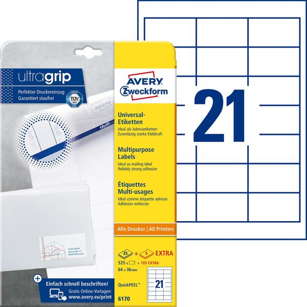 Avery Zweckform® 6170 6170 Etichette Universali Ultragrip - 64 X 36 Mm, Bianco, 630 Etichette, Permanenti-image