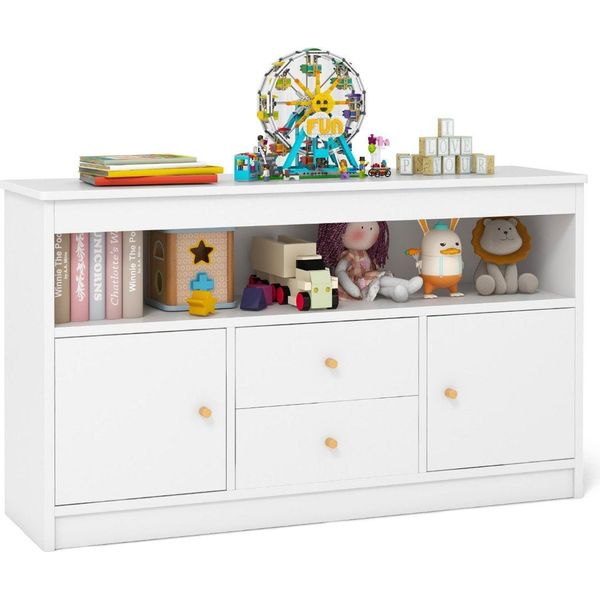 Armadio Per Giocattoli Per Bambini Scaffale Per Bambini In Legno Armadio Per Bambini Con 2 Cassetti E 2 Ante 106 X 30 X 62 Cm Bianco-image