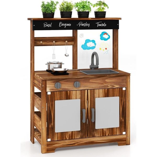 Cucina Per Bambini In Fango, Cucina Per Bambini Da Esterno In Legno Di Abete Con 4 Pentole Marrone-image