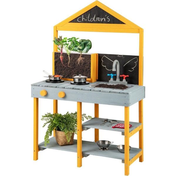 Cucina Di Fango Per Bambini, Cucina Da Esterno Per Bambini Realizzata In Legno Di Abete Con Fioriera, 2 Lavagne E Un Rubinetto Blu.-image