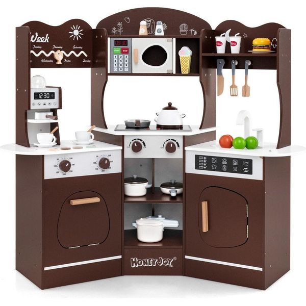 Cucina Giocattolo Ad Angolo In Legno Con Audio E Musica. Luce E; Macchina Da Caffè E Set Da Gioco Per Cucina Per Bambini Slide Marrone-image