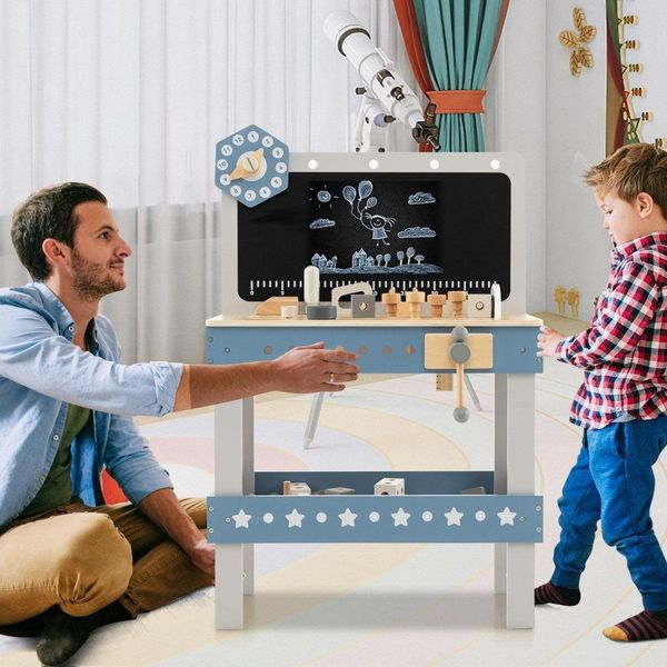 Banco Da Lavoro In Legno Per Bambini Con Lavagna E Orologio E 61 Accessori Per Bambini Dai 3 Anni In Su Blu-image