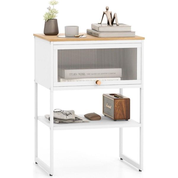 Comodino Comodino In Legno Con Struttura In Metallo E Ripiano E Anta Trasparente 40 X 32 X 56 Cm Bianco-image