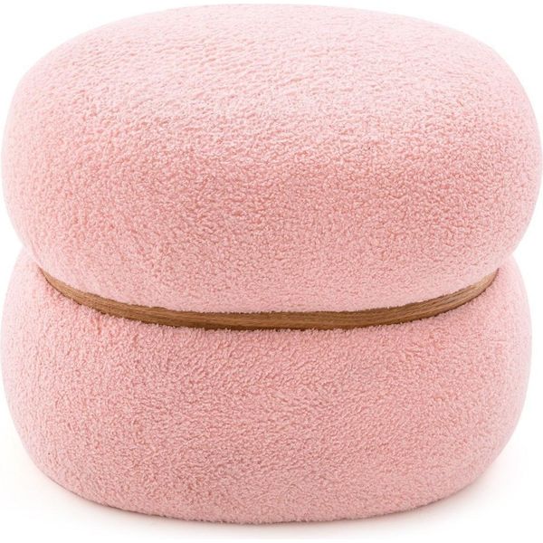 Sgabello Ovale Con Poggiapiedi Antiscivolo. Sgabello Imbottito In Sherpa Rosa 44 X 35 X 35 Cm-image
