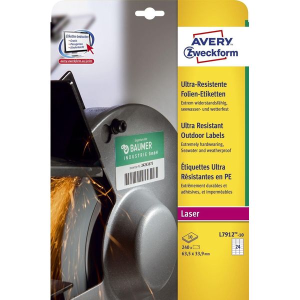 Avery Zweckform® L7912-10 L7912-10 Etichette In Pellicola Ultraresistente - A4, 240 Pezzi, 63,5 X 33,9 Mm, 10 Fogli Bianchi-image