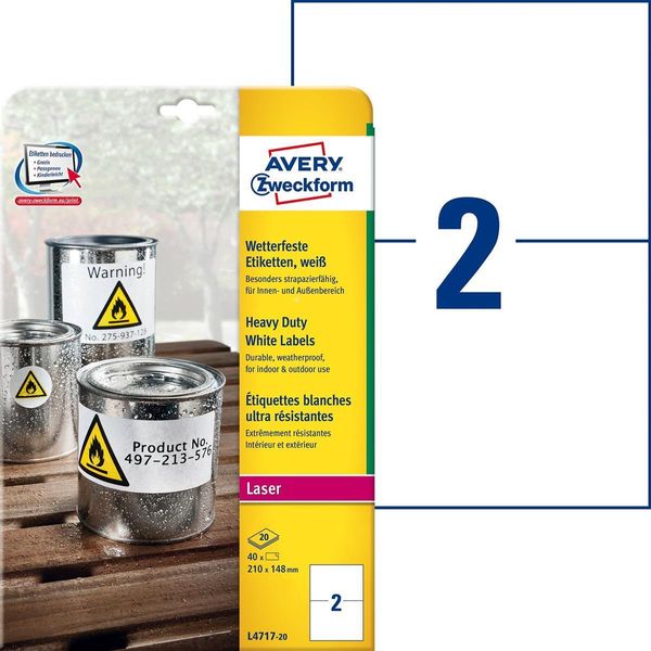 Avery Zweckform - Poliestere, Polietilene Tereftalato (Pet) - Opaco - Adesivo Permanente - Rivestito - Bianco - 210 X 148 Mm 40 Etichette (20 Fogli X 2) Etichette (L4717-20)-image