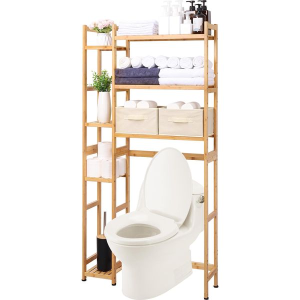 Yorbay Mensola Da Bagno Con 2 Cestini, Mensola Da Bagno Mensola Da Bagno, Mensola Da Bagno In Bambù, Mensola Da Bagno Regolabile A 3 Livelli Con Piedino Impermeabile, Bambù-image