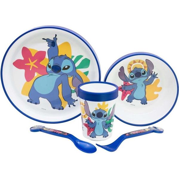 Disney Stitch - Set Di Stoviglie Antiscivolo Per Microonde 5 Pezzi (Piatto, Ciotola, Tazza, Forchetta, Cucchiaio)-image