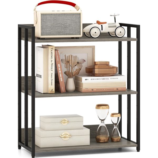 Libreria Costway A 3 Livelli, Scaffale In Piedi Con Ripiani Regolabili E Struttura In Metallo, Scaffale Per Soggiorno, Cucina, Studio, 70 X 35 X 81 Cm (Grigio)-image