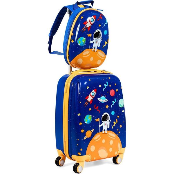 2 Pezzi. Valigia Per Bambini + Zaino In Plastica Trolley Per Bambini Bagagli Per Bambini Astronauti-image