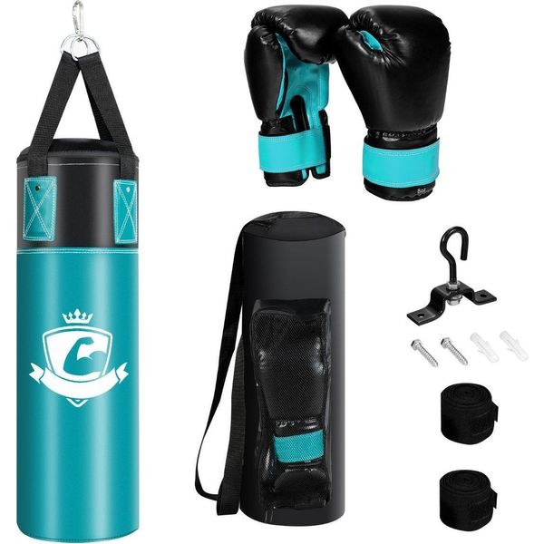 Set Sacco Da Boxe Con Guantoni Da Boxe Da 8 Once Cinghie Per Le Mani Sacco Da Boxe Per Bambini E Adulti Nero + Verde-image