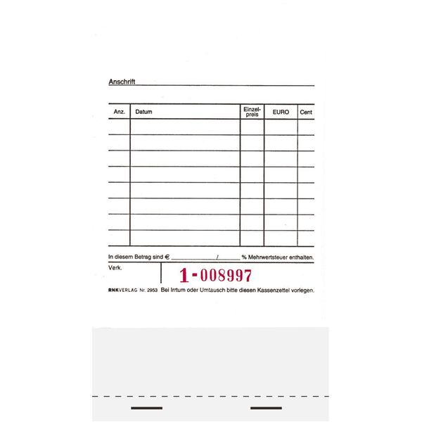 Rnk Verlag 2953 Blocco Per Registratori Di Cassa - Pinzato In Basso, 2 X 50 Fogli, 96 X 175 Mm, Numerato-image