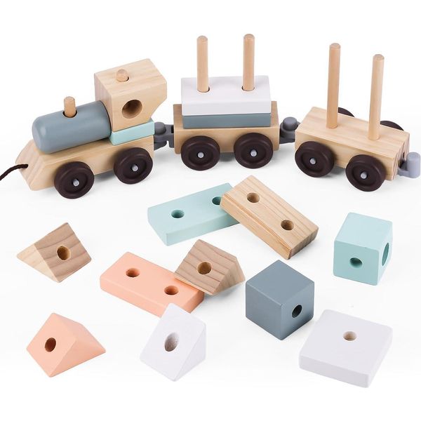 Umu® Treno In Legno Con Blocchi Per Bambini 18 Pezzi - Sviluppare Le Capacità Motorie Con Il Treno 2In1 Da 2, 3, 4 E 5 Anni-image