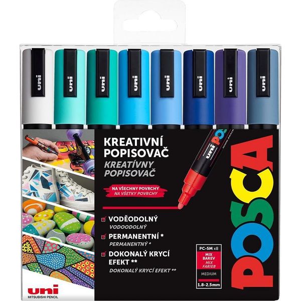 Pennarelli Acrilici Uni Posca 5M, 8 Pezzi Tonalità Blu-image