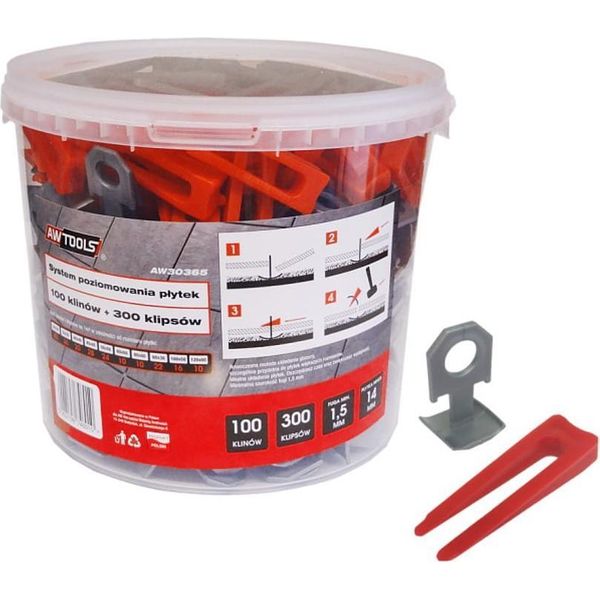 Awtools Sistema Di Livellamento Per Piastrelle Standard 1,5Mm - 7-15Mm - Clip 300Pz + Cuneo 100Pz-image