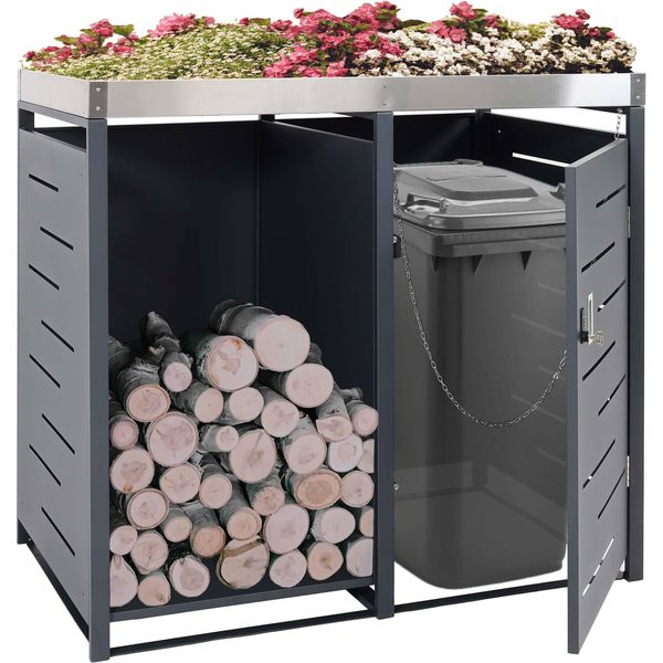 1 Contenitore Per Rifiuti Con Deposito Per Legna Da Ardere HWC-H40, Contenitore Per Rifiuti, 125X130X80Cm Metallo Espandibile 45Kg ~ Antracite-image