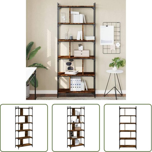 The Living Store Libreria 6 Ripiani Rovere Fumé 76X32X192 Cm Materiale Legno-image