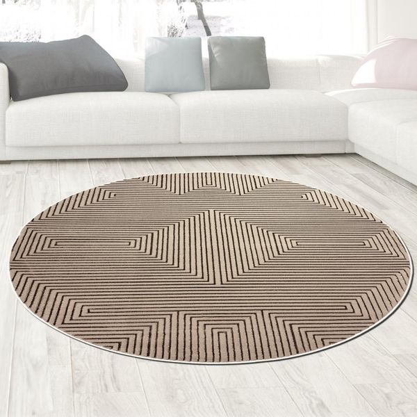 Tappeto A Pelo Corto Disegno Geometrico Beige Con Effetto Lucido Moderno E Facile Da Pulire Dimensioni - 160 Cm Rotondo-image