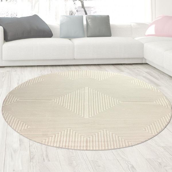 Tappeto A Pelo Corto Disegno Geometrico Crema Con Effetto Lucido Moderno E Facile Da Pulire Dimensioni - 200 Cm Rotondo-image