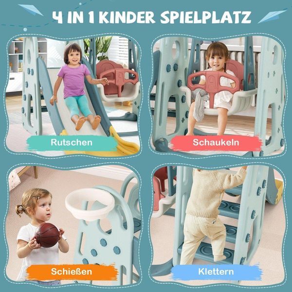 Altalena Per Bambini Con Scivolo, Sedile Regolabile In Altezza, Altalena E Scivolo 4 In 1, Canestro Da Basket E Scala Per Bambini A Partire Da 18 Mesi-image