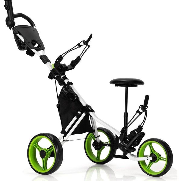Carrello Da Golf A 3 Ruote In Alluminio Con Portaombrello E Sedile Carrello Da Golf Pieghevole Caddy Da Golf Verde-image