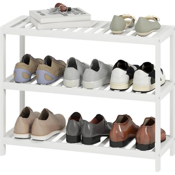 Fortuna Lai Scaffale In Bambù A 3 Ripiani, Scaffale Per Scarpe, Scaffale Portaoggetti, Superficie Laccata, Bianco-image