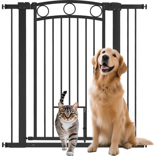 Cancelletto Di Sicurezza Per Cani Pawhut, Cancelletto Barriera 76-104 Cm Senza Foratura, Cancelletto Per Scale In Acciaio, Cancelletto Per Scale Con Porta Per Gatti, Cancelletto Di Sicurezza, Cancelletto Di Sicurezza Per Scale, Porta, Corridoio, Nero-image