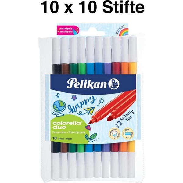 Pelikan, Colorella Duo, Penne Con Punta In Fibra, Astuccio Da 10 Colori, 100 Penne In Totale, Ideali Per Progetti Creativi.-image