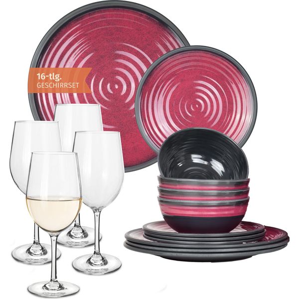 Set Di Stoviglie Da Campeggio In Melamina 4 Persone Stone Red + 4 Bicchieri Da Vino Tiamo White Servizio Da Tavola Picnic Bbq Cookware-image