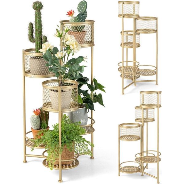 Supporto Per Piante In Metallo A 6 Livelli Con Scale Per Fiori Dal Design Girevole, Portavasi Color Oro-image